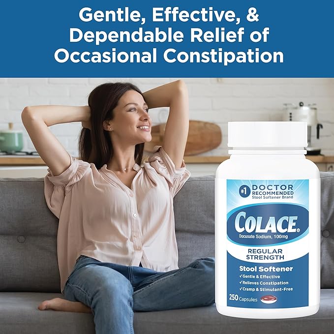 Colace Regular Strength Stimulant-Free Stool Softener 100mg, Docusate Sodium Laxative for Safe Occasional Constipation Relief, Cramp-Free, Irregularity Treatment for Adults & Children 2+, 250 Capsules