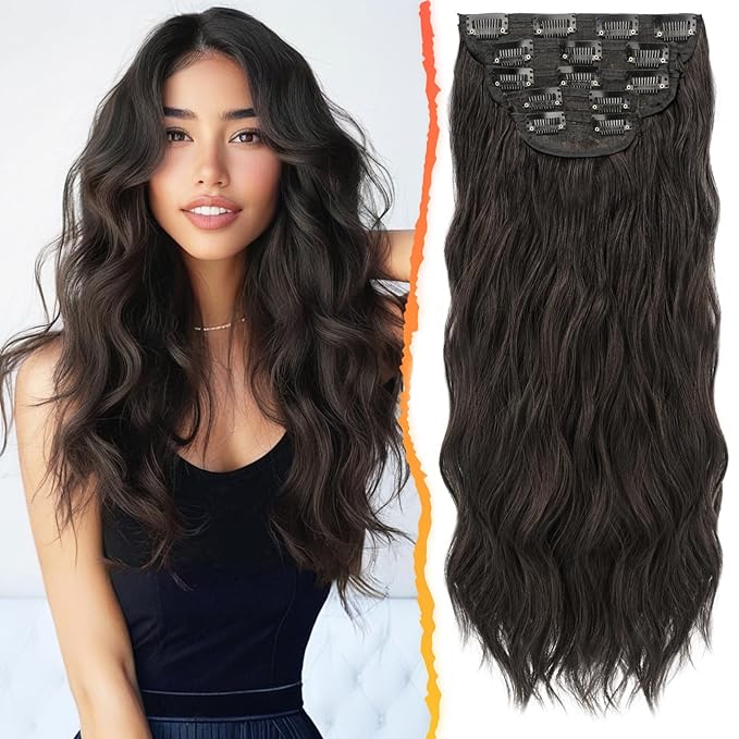BARSDAR Wavy Clip in Hair Extensions - 20 Inch Dark Brown Clip in Hair Extensions for Women - 5PCs Thick Soft Synthetic Loose Wave Hairpieces – Dark Brown Mixed