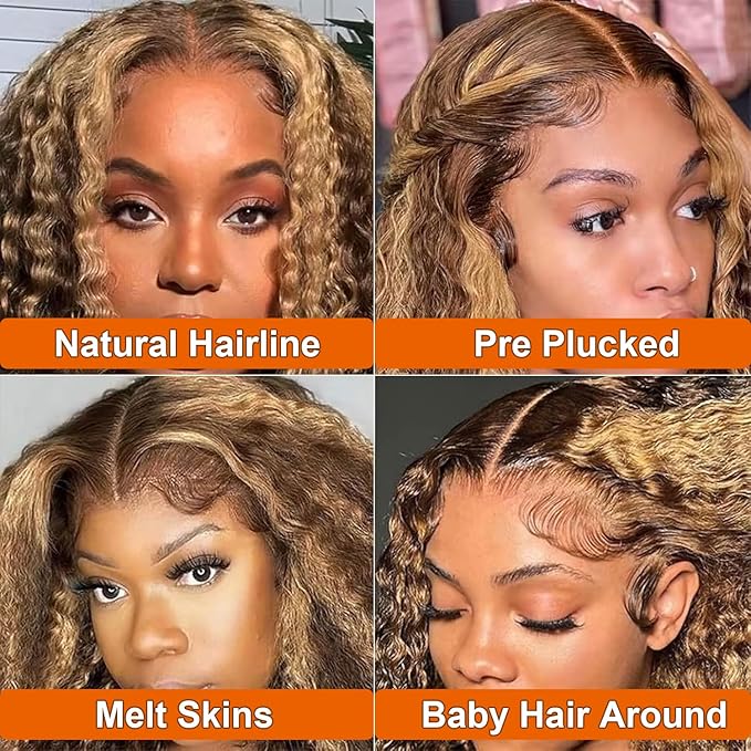 16 Inch 13x4 Honey Blonde Wig Human Hair #4/27 Highlight Ombre Lace Front Wig Human Hair Kinky Curly Bob Colored Wigs for Black Women 180% Density
