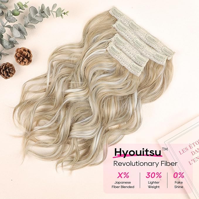REECHO Hair Extensions - 4PCS 14" Short Beach Wavy Clip-in Hairpieces With Invisible Lace Weft - Natural Soft for Women - Ash Blonde With Highlights