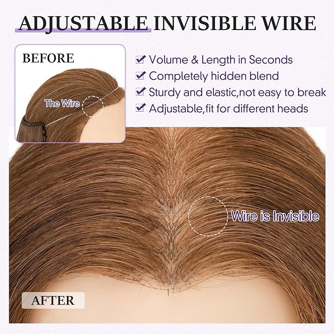 Halo Hair Extensions Real Human Hair,Halo Hair Extension 100% Human Hair,Wire Hair Extensions,Wavy Warm Brown 12inch/55g