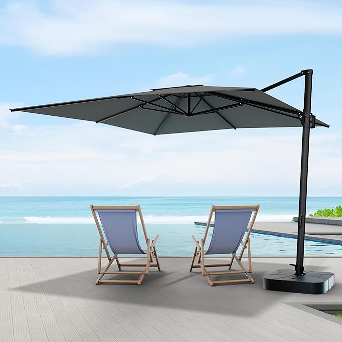 Midtown Umbrellas The Grande Square 9 x 9 FT Outdoor Cantilever Patio Umbrella w/Terylast Charcoal Grey Polyester Fabric - 8 Rib Aluminum Frame Offset w/Tilt & 360° Rotate Pedal System - Black Frame