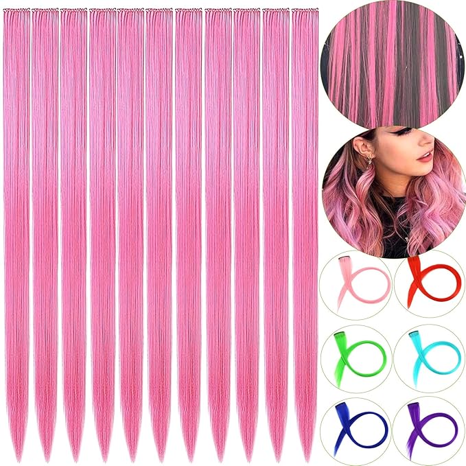 12 PCS Pink Hair Extensions Clip in, 22" Colored Highlights, Synthetic Straight Hair Piece DIY Accessories for Daily Party (PeachRed)