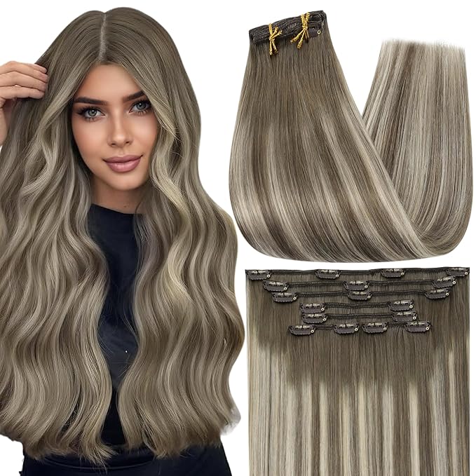 Full Shine Clip in Human Hair Extensions 20 Inch Seamless Clip in Extensions Straight Remy Hair Cool Ash Brown Ombre Highlight Blonde Hair Extensions Clip ins 7 Pcs 120 G