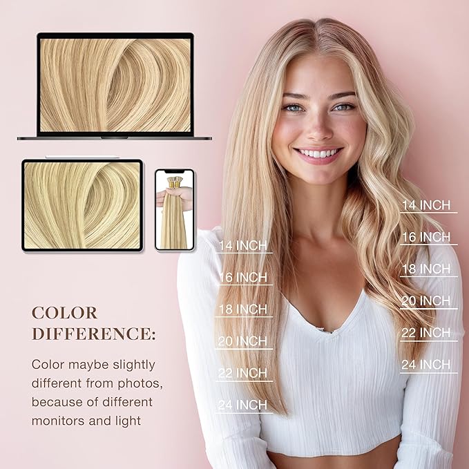 GOO GOO I Tip Hair Extensions, Real Human Hair, 14inch 50g 100S, Cold Fusion I Tip, Invisible Remy, 16/22 Light Blonde Highlighted Golden Blonde