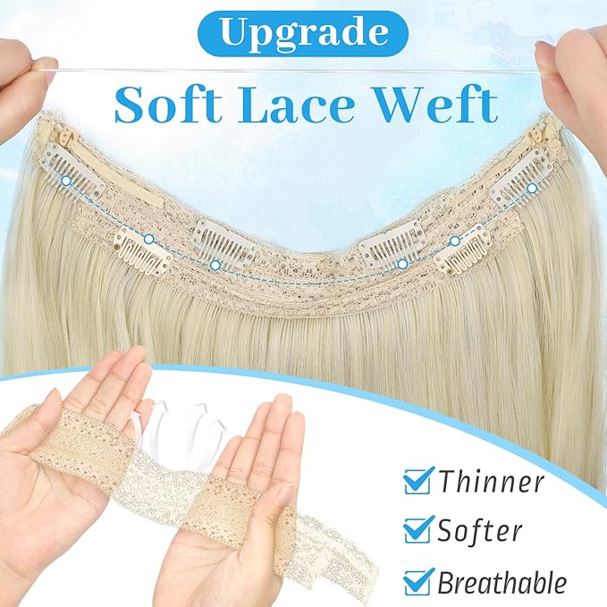KooKaStyle Invisible Wire Hair Extensions Long Wavy Layered Synthetic Hair Extensions with Transparent Wire Adjustable Size 6 Secure Clips 4T613D#Platinum Blonde Hairpieces for Women 20 Inch