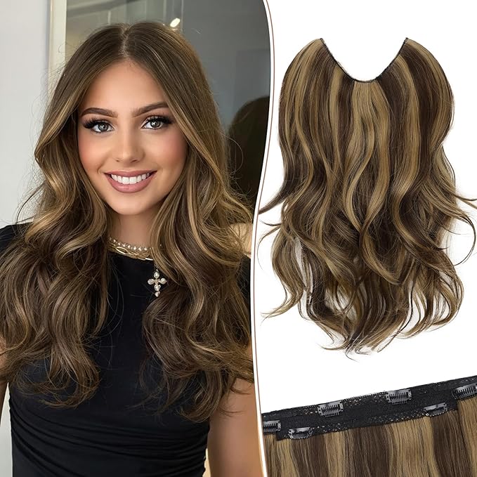 KooKaStyle Invisible Wire Hair Extensions Long Straight Layered Synthetic with Transparent Wire Adjustable Size 6 Secure Clips Hairpieces for Women 16 Inch (Balayage Chocolate Brown to Caramel Blonde)