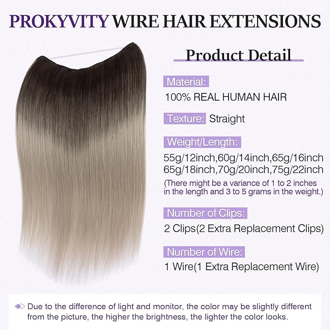Halo Hair Extensions Real Human Hair,Halo Hair Extension 100% Human Hair, Wire Hair Extensions,Straight Natural Black to Gray Ombre 18inch/65g