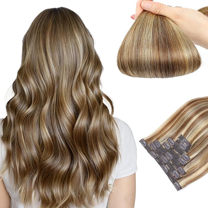 Clip in Hair Extensions Real Human Hair Chocolate Brown to Caramel Blonde 18 inch 7pcs 80g/Pack, Human Hair Clip in Extensions, Salon-Grade Quality, Easy Comfort Wear for Women (#P4/27, 18 inch)