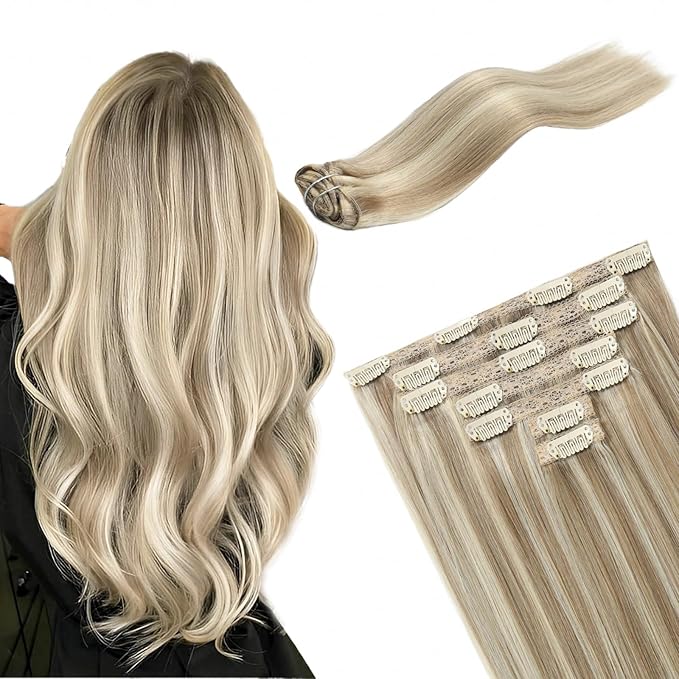 Light Blonde Mix Golden Blonde Remy Clip in Hair Extensions - Real Human Hair, Double Weft, 120g, 7pcs, 20 Inch