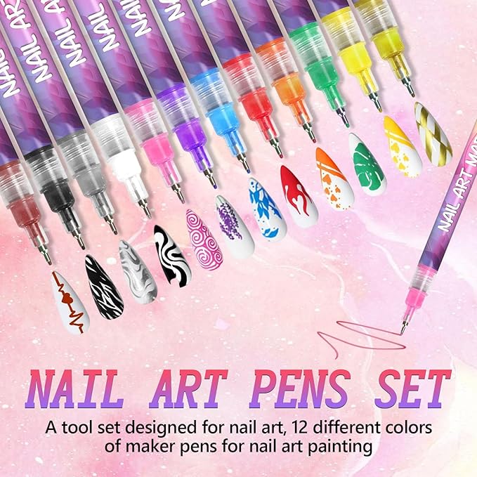 12 Colors Nail Art Pens Set,Fine Tips 3d Nail Art Pens 3d Quick-Dry 0.5mm Nail Polish Pens,Diy Nail Art Marker Graffiti Dotting Pen For Nails Art Design Manicure Nail Diy Decoration