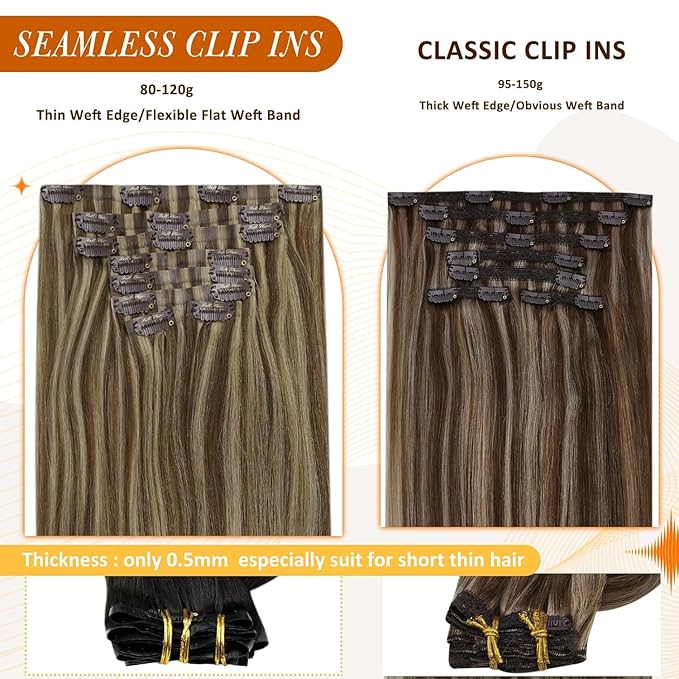 Full Shine Clip in Human Hair Extensions 18 Inch Dark Brown with Caramel Blonde Highlights Seamless Clip ins for Women Remy Natural Hair Thick Ends 8 PCS 120G