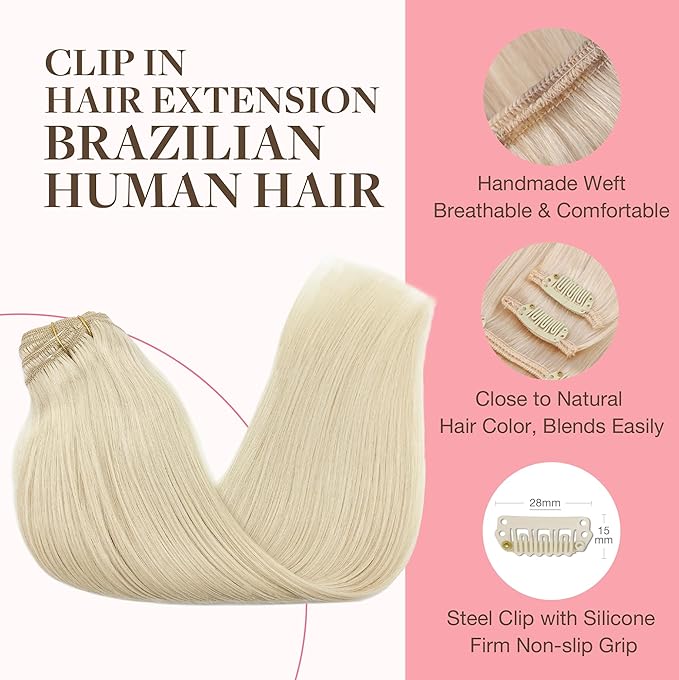 GOO GOO Clip in Hair Extensions Real Human Hair, Remy Human Hair Extensions Clip ins for Women, Natural Human Hair, 14inch 120g 7Pcs, 60A Platinum Blonde