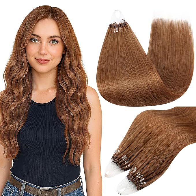 Full Shine Micro Loop Hair Extensions Real Human Hair 330 Copper Brown 22 Inch Beaded Extensions Natural Long Remy Hair add Length 50G with 7G Micro Beads Micro Link Human Hair Extensions for Women
