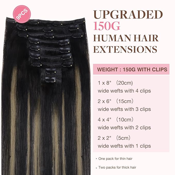 GOO GOO Clip in Hair Extensions Real Human Hair, Remy Human Hair Extensions Clip ins for Women, Natural Human Hair, 22inch 150g 9Pcs, 1B/16/1B Balayage Natural Black to Light Blonde