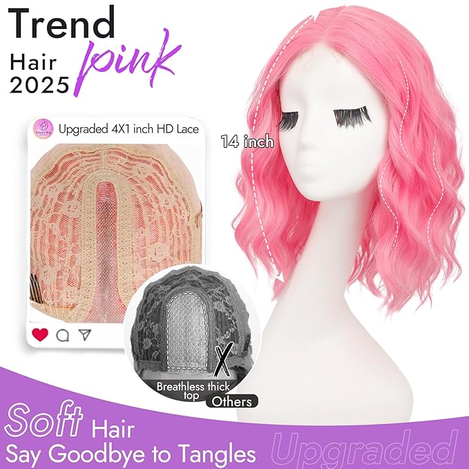 Pink Short Wavy Wig for Women Lace Hairline Bob Style Synthetic Heat Resistant - Natural Appearance for Everyday Hairstyle 14 Inch