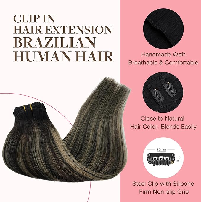 GOO GOO Clip in Hair Extensions Real Human Hair, Remy Human Hair Extensions Clip ins for Women, Natural Human Hair, 18inch 120g 7Pcs, 1B/16/1B Balayage Natural Black to Light Blonde
