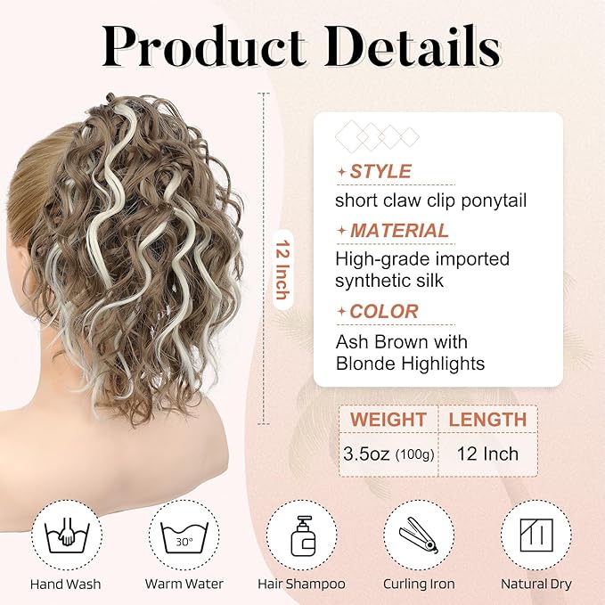 FLUFYMOOZ Ponytail Extension, 12" Short Claw Ponytail Extension Wavy Curly Jaw Clip in Pony tails Hair Extension Natural Synthetic Hairpiece for Women(Ash Brown with Blonde Highlights)