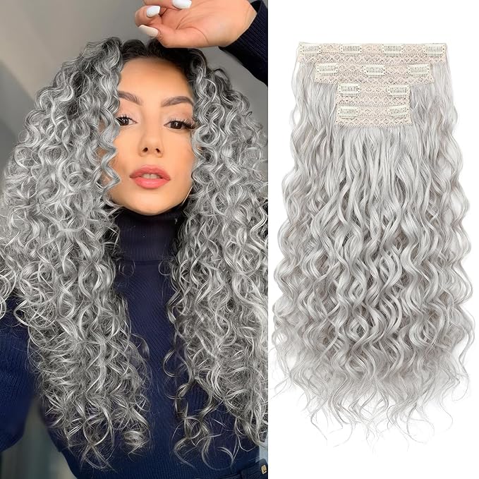 REECHO Curly Hair Extensions, 4PCS 20 inch Clip in Hair Extensions Lace Weft Short Curly Extensions Clip Ins Invisible Natural Hairpieces for Women, Silver Grey