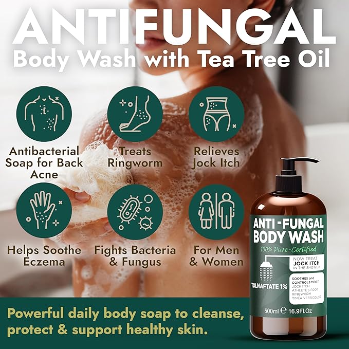 Antifungal Body Wash with Tea Tree Oil | Antibacterial Soap for Back Acne, Eczema & Jock Itch,Treats Ringworm | Antibacterial Body Soap For Men And Women (1% Tolnaftate Medicated Body Wash) 16.9 oz