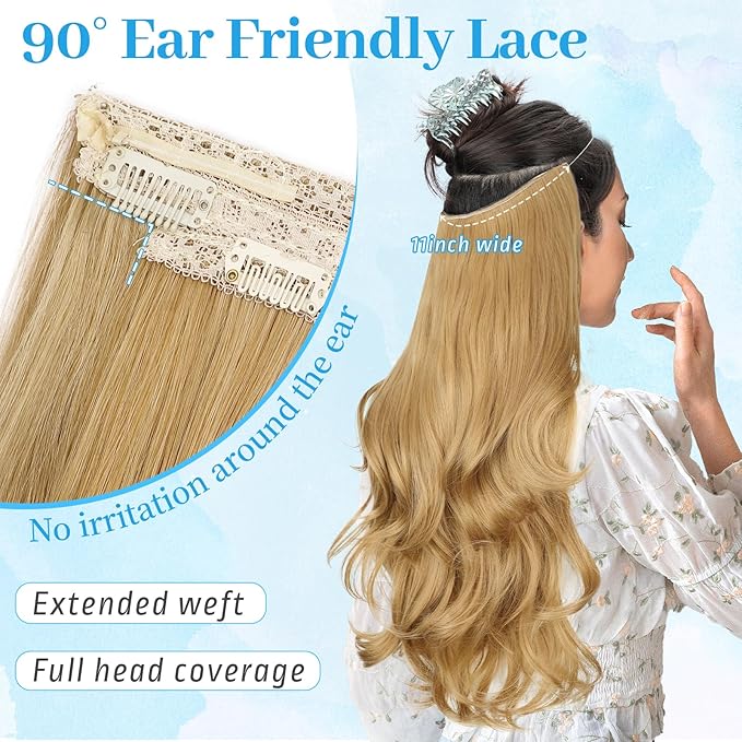 KooKaStyle Invisible Wire Hair Extensions Long Wavy Layered Synthetic Hair Extensions with Transparent Wire Adjustable Size 6 Secure Clips Honey Blonde Hairpieces for Women 20 Inch