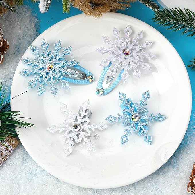 JUNEBRUSHS 12-Piece Snowflake Hair Clip Set - Blue & White Christmas Hair Accessories for Women - Festive Snowflake Hairpins - Holiday & Party Gifts