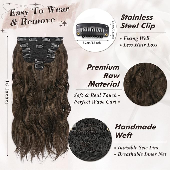 BARSDAR Brown Clip in Hair Extensions - 6PCs Beach Wavy Brown Clip in Hair Extensions for Women - 20 Inch Thick Soft Synthetic Clips on Hairpieces Easy Wear Daily Party Halloween
