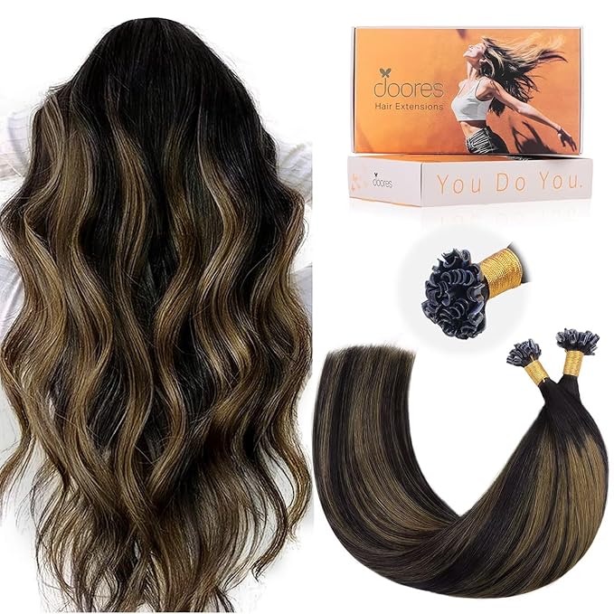 DOORES K Tip Hair Extensions Real Human Hair, Natural Black to Chestnut Brown 24 Inch 50g/50s, Invisible U Tip Natural Straight