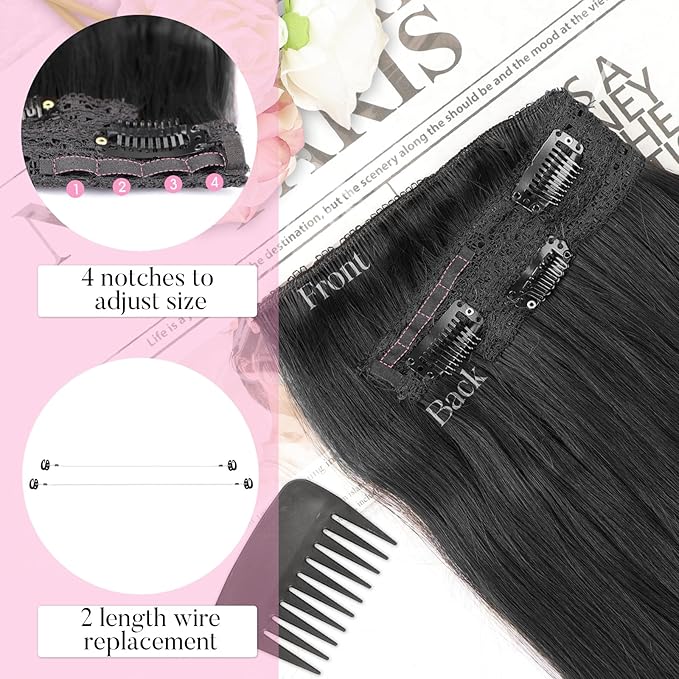 Invisible Wire Hair Extensions with Transparent Wire Adjustable Size 4 Secure Clips Long Wavy Secret Hairpiece 16 Inch for Women(Black)