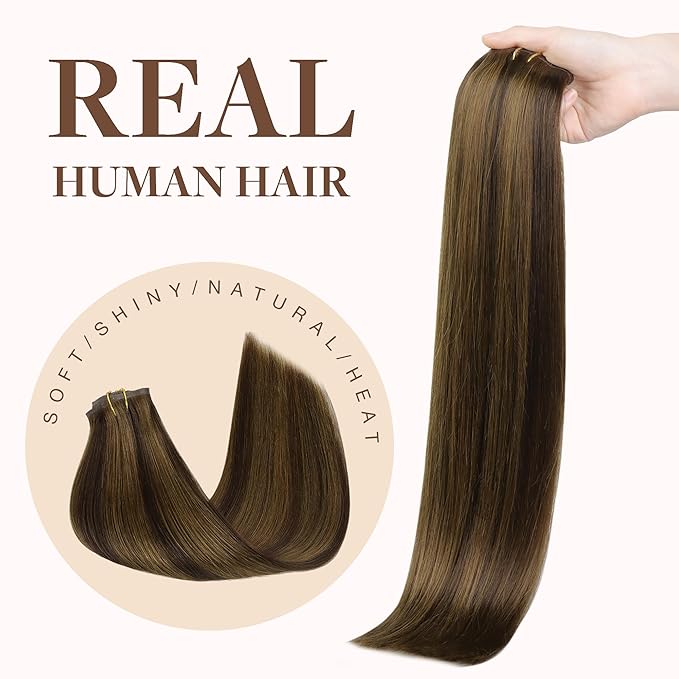 GOO GOO Clip in Hair Extensions Real Human Hair, Remy Human Hair Extensions Clip ins for Women, Natural Human Hair, 14inch 130g 9Pcs, 2C/4E/6C Brown Sugar Swirl Highlights