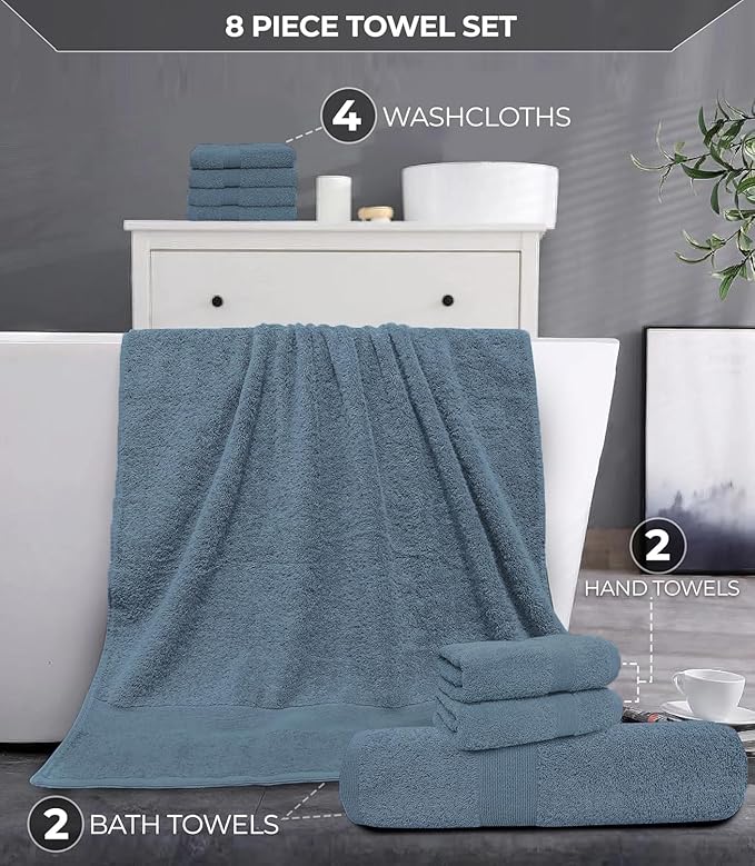 Softolle Luxury 8 Piece Towel Set, 2 Bath Towels 2 Hand Towels 4 Washcloths, 100% Cotton Towels for Bathroom, Home, Spa & Gym - Highly Absorbent Ultra Soft Quick-Dry (Slate Blue)