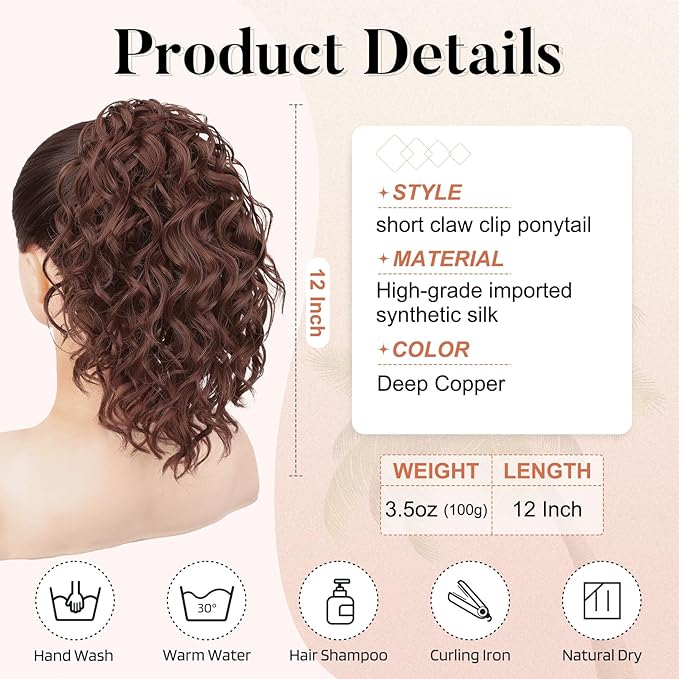 Flufymooz Ponytail Extension, 12" Short Claw Ponytail Extension Wavy Curly Jaw Clip in Pony tails Hair Extension Natural Synthetic Hairpiece for Women(Deep copper)