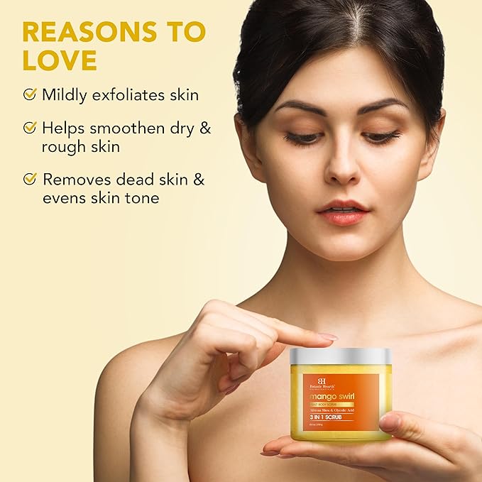 Botanic Hearth Mango Swirl Body Scrub | 8.8 Fl Oz | Exfoliating & Moisturizing Scrub for Smooth, Radiant Skin | Infused with African Shea & Glycolic Acid | 3 in 1 Scrub
