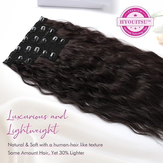 REECHO Clip in Hair Extensions, 5PCS Black Brown Hair Extensions 24" Thick Long Loose Waves hair extensions HE002 Invisible Lace Weft Natural Soft Hairpieces for Women – Black Brown