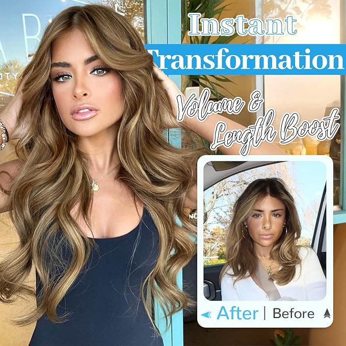 KooKaStyle Invisible Wire Hair Extensions Long Straight Layered Synthetic with Transparent Wire Adjustable Size 6 Secure Clips Hairpieces for Women 20 Inch (20 Inch, Light Brown with Caramel Blonde)