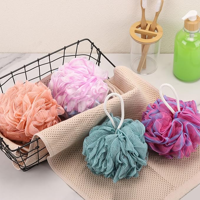 BTYMS 75g/pc Bath Loofah Mesh Puffs, Large Body Exfoliating Shower Sponges for Men and Women Showering - Set of 4