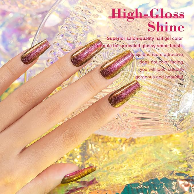 RARJSM Chameleon Glitter Gel Nail Polish Purple Red to Green Shimmery Multichrome Color Changing Gel Polish Curing Requires Sparkle Shimmer Nail Gel Varnish Soak Off DIY at Home Salon 15ml