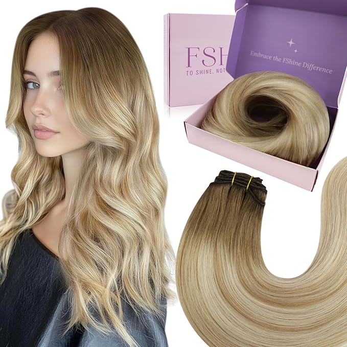 Fshine Sew in Color Chestnut Brown To Honey Blonde Mix Platinum Blonde Hair Extensions Weft 100g Seamless Hair Extensions 20 Inch