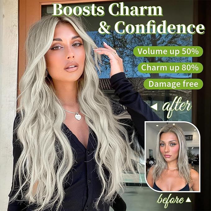 KooKaStyle Invisible Wire Hair Extensions with Transparent Wire Headband Adjustable Size 4 Secure Clips Silver Grey Blonde Long Wavy Hairpiece for Women