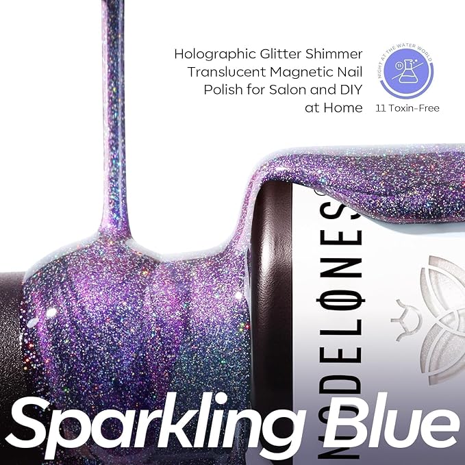 modelones 9D Magnetic Cat Eye Gel Nail Polish, Holographic Blue Purple Rainbow Shimmer, 15ML UV LED Soak Off Gel, Christmas Nail Art, Manicure Design - Reflective Top Coat for Women & Girls