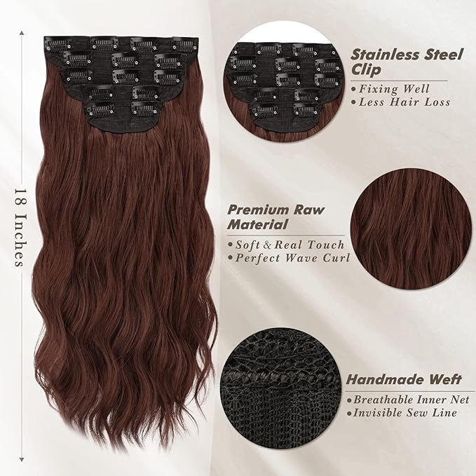 BARSDAR Chestnut Clip in Hair Extensions - 5PCs 18 Inch Wavy Clip in Hair Extensions for Women - Thick Soft Synthetic Clips in Hairpieces Daily Party Halloween- Copper Chestnut