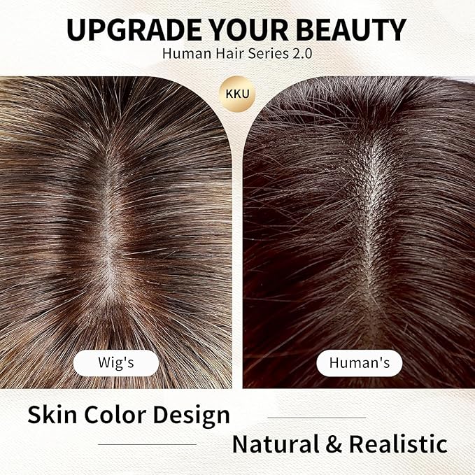 KKU 16 Inch Ombre Blonde Brown Human Hair Wigs for Women,Layered Straight Hair Wig with Bangs,Wear Natural Realism