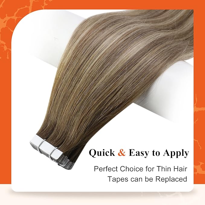 Full Shine Ombre Tape in Hair Extensions Human Hair 20Inch Brown to Blonde Highlighted Invisible Hair Extensions Real Human Hair Tape in 20Pcs 50Grams Seamless Skin Weft Hair Add Length