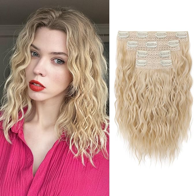REECHO Clip in Hair Extensions, 4PCS Hair Extensions 12" Short Curly Wavy Blonde hair extensions Invisible Lace Weft Natural Soft Hairpieces for Women – Light Blonde