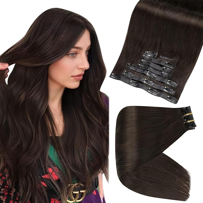 Full Shine Clip in Hair Extensions Dark Brown Seamless Hair Extensions Clip in PU Weft Real Human Hair Brown Natural Silky Hair for Women Add Volume 16 Inch 120 G 8 Pcs