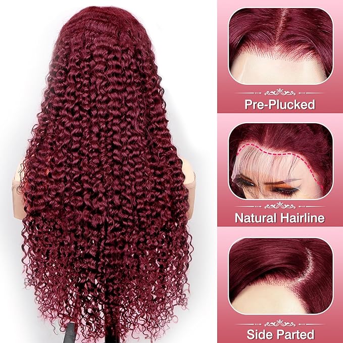 Burgundy Wig Human Hair 99j Burgundy 13x6 Deep Wave Lace Front Wigs Human Hair Pre Plucked 180% Density HD Transparent Lace Frontal Wigs for Black Women Red Colored Wig 34 Inch