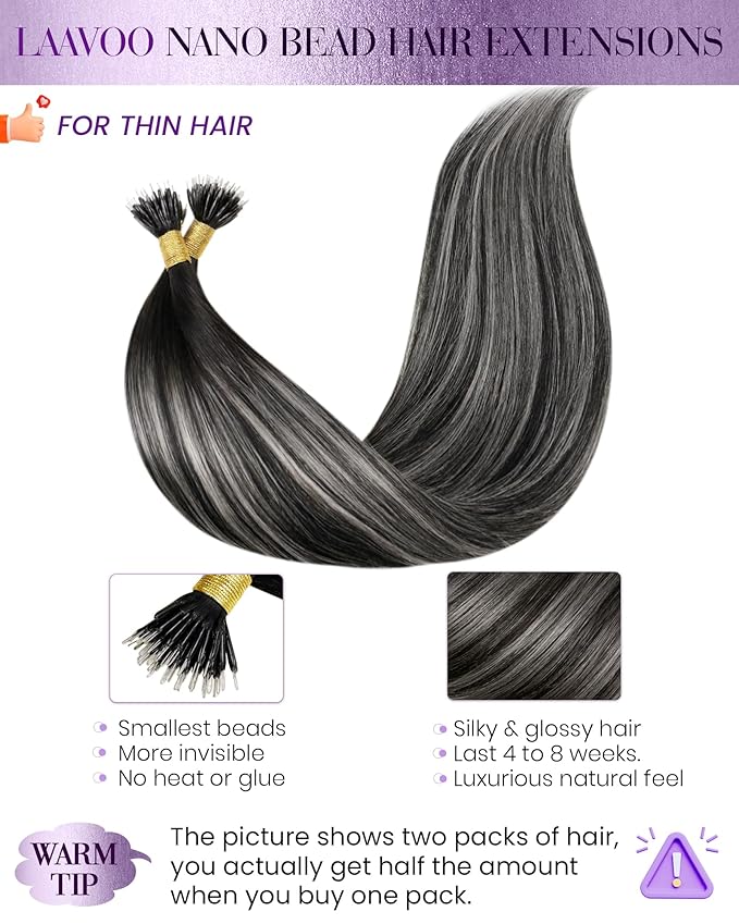 LaaVoo Nano Hair Extensions Human Hair Black Nano Bead Hair Extension Human Hair Balayage Black to Silver Nano Ring Extensions 22 Inch 50g 50s