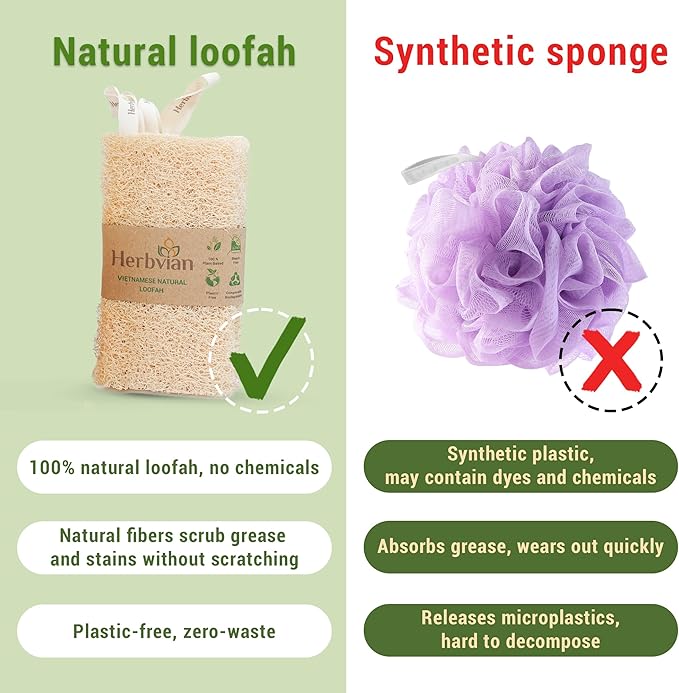 Natural Vietnamese Loofah Sponge, 100% Plant-Based Luffa Exfoliating Body Scrubber for Shower, Multi-Functional for Kitchen, Ideal for Men & Women, Spa & for Pet (2pcs/Pack)