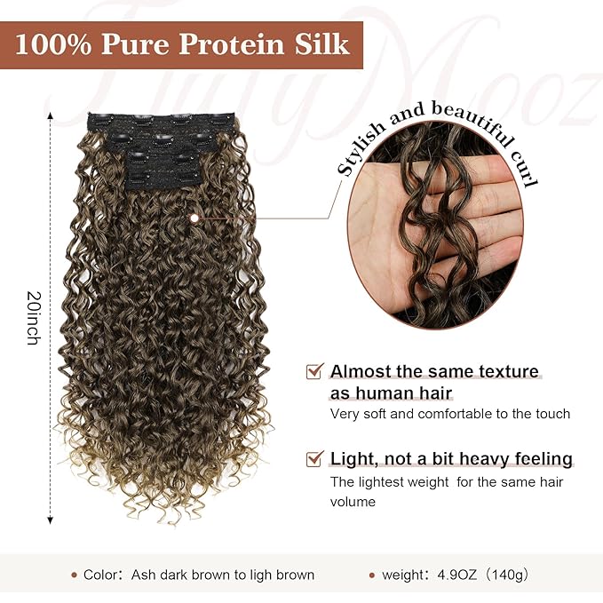 Flufymooz Clip in Hair Extensions, 4PC 100％ Pure Protein Silk Hair Extensions Long Soft Natural Hairpiece 20 Inch Curly Hair Extension for Women Ash Dark Brown to Ligh Brown