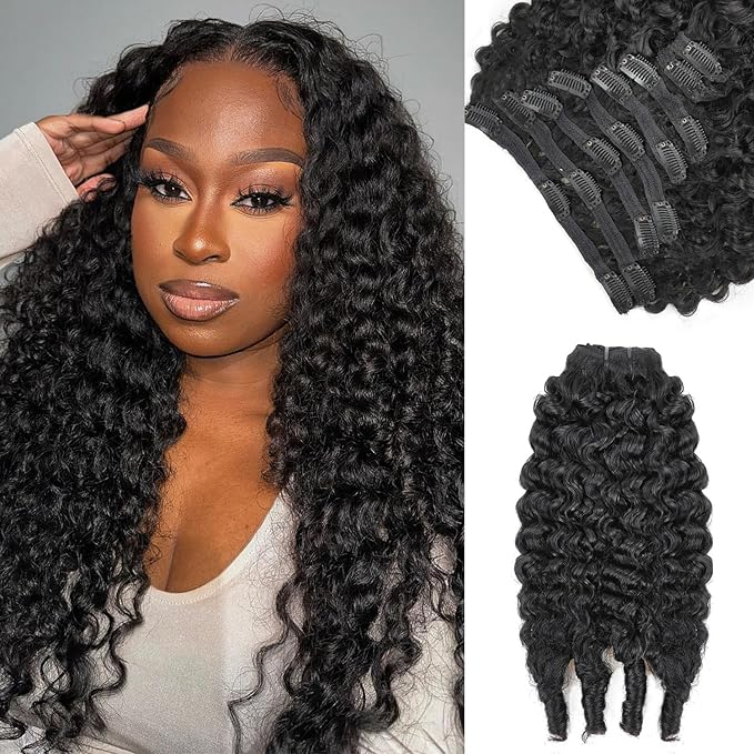 Burmese Curly Clip in Hair Extensions Real Human Hair 8Pcs Brazilian Human Hair Clip ins for Black Women With 18Clips 120g 16inch #1B Natural Black